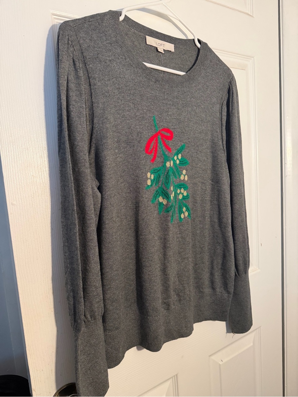 LOFT Gray Crewneck Sweater with Mistletoe detail